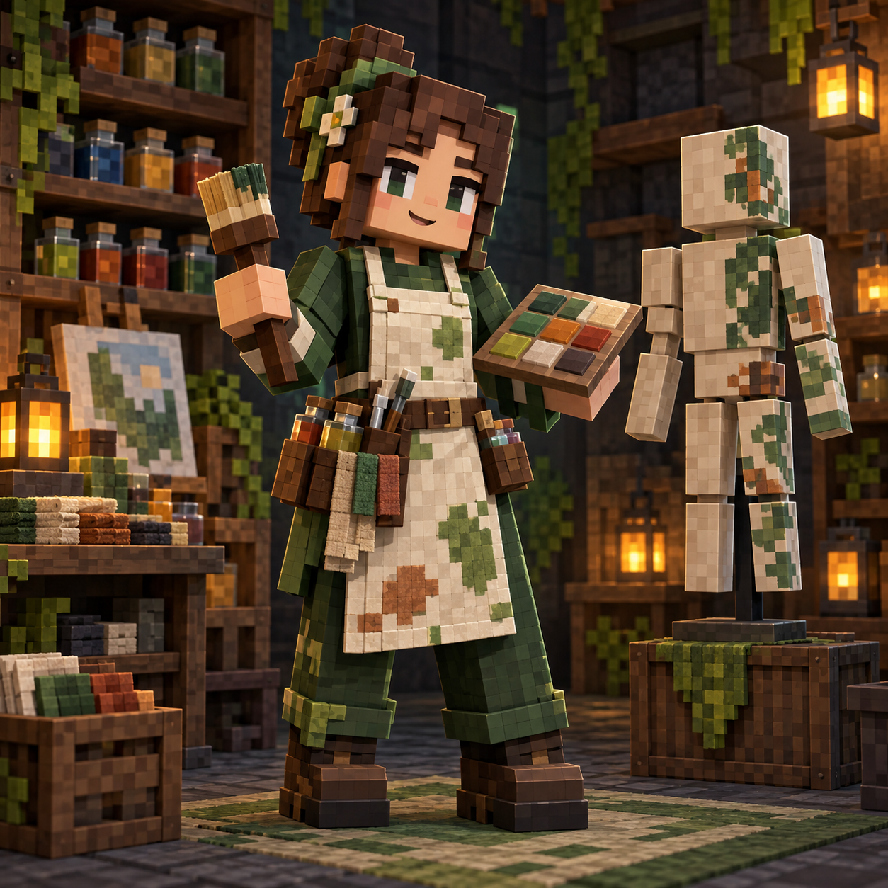 Ally, a voxel artist holding a paintbrush and palette inside her workshop.