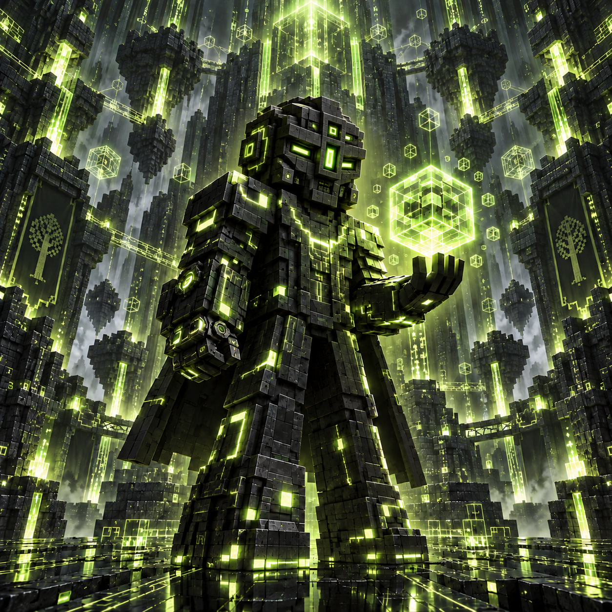 Carlisle in dark onyx armour with green circuitry and a layered cybernetic face with recessed green optics, holding a lime voxel cube in a monumental stone hall.
